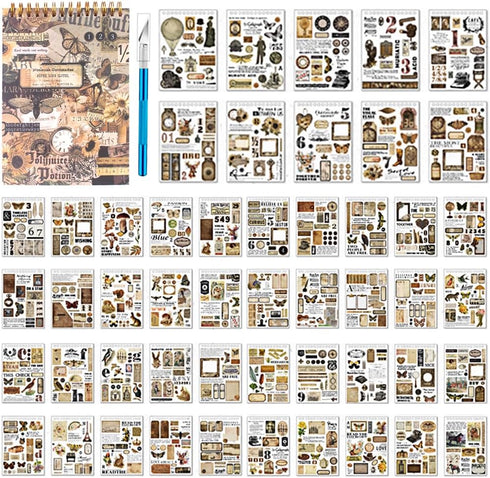 Diuhofart 900+ Mini Scrapbook Washi Stickers for Journaling, 50 Sheets Vintage Sticker Book, Ephemera for Junk Journal Supplies Bullet Journals, S...