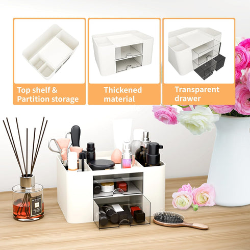 Desk Organizer with 2 Drawer, Multi-Functional Pencil Pen Holder for Desk, Plastic Desk Organizers and Storage with 5 Compartments, Desktop Organi...