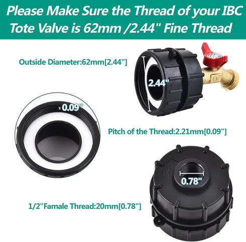 275-330 Gallon IBC Tote Water Tank Adapter(2.4" Fine Thread)?IBC Tote Adapter with 1/2 NPT Thread Garden Hose Ball Valve(Lead-Free),IBC Tote Fitti...
