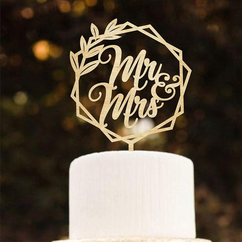 Mr and Mrs Wedding Cake Toppers Bride Groom Cake topper for Wedding Wooden Wreath Rustic Hexagon Funny Decoration Mr&Mrs Sign Gold Silver Brown (U...