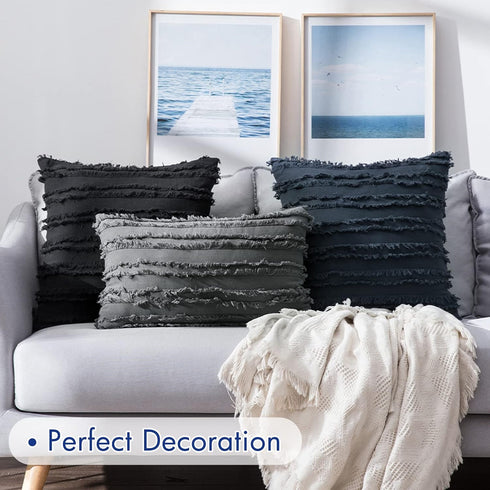 MIULEE Set of 2 Decorative Boho Throw Pillow Covers Linen Striped Jacquard Pattern Cushion Covers for Sofa Couch Living Room Bedroom 18x18 Inch Bl...