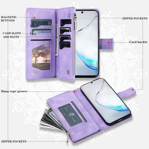 Asuwish Phone Case for Samsung Galaxy Note 10 5G Wallet Cover with Tempered Glass Screen Protector Wrist Strap Mandala Flower Flip Zipper Card Hol...