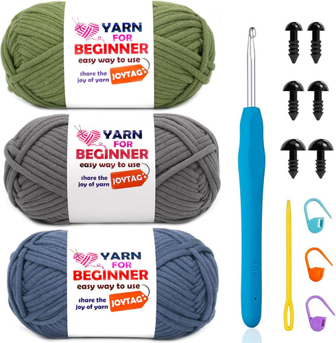 3 Pack Beginners Crochet Yarn Blue Grey Green Cotton Crochet Yarn for Crocheting Knitting Beginners with Easy-to-See Stitches Cotton-Nylon Blend C...
