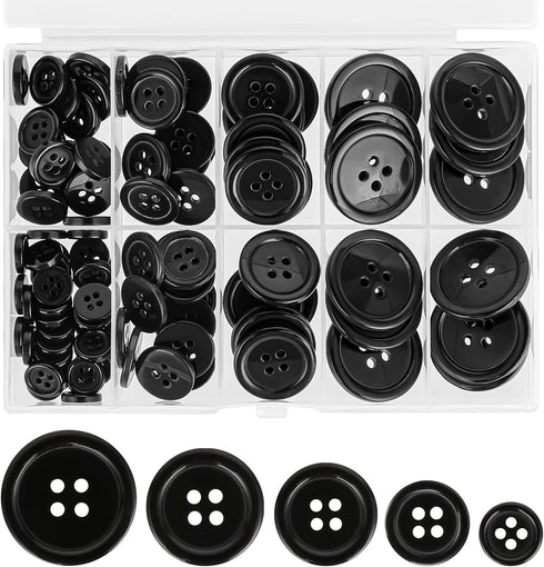 Black Sewing Buttons with Compartment Box, 100 Pcs 5 Sizes Sewing Buttons for Crafts 4-Hole Round Craft Buttons Mixed Resin Buttons for Shirt Pant...