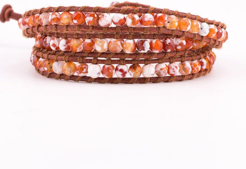 KELITCH Created Fire Agate Beads on Genuine Leather 3 Wrap Bracelet Handmade New Charm summer Jewelry...