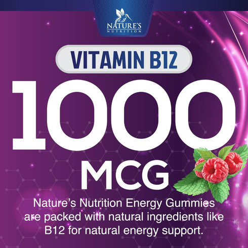 Energy Gummies Vitamin B12, Green Tea & Natural Caffeine Support, Extra Strength 1000 mcg Daily Energy Vitamins, Delicious Berry Flavor Gummy Chew...