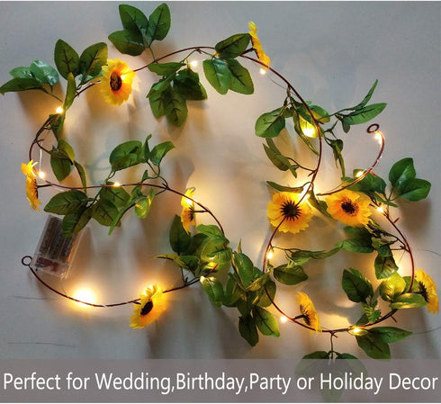 Fielegen 20 LED Artificial Sunflower Garland String Lights, 6.56ft Silk Sunflower Vines with 9 Flower Heads Battery Powered Fairy String Lights fo...