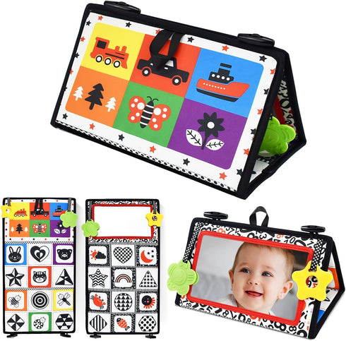 Dr.Rapeti Tummy Time Floor Mirror for Baby Infant Toddler Kids Black and White High Contrast baby toy with Teethers Floor Activity Toy Washable No...