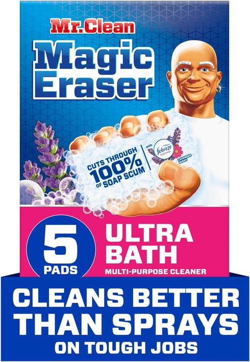 Mr. Clean Magic Eraser Ultra Bath Multi Purpose Cleaner for Bathroom, Soap Scum Remover for Shower, 5ct...