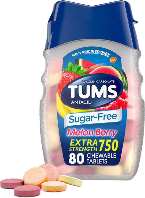 TUMS Extra Strength Chewable Sugar Free Antacid Tablets for Heartburn Relief, Melon Berry - 80 Count...