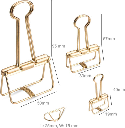 18 Pcs Gold Wire Binder Clips and 20 Pcs Cute Paper Clips Set Assorted Sizes, 2 Big 6 Medium 10 Small Smooth Steel Hollow Office Clamp Clips...