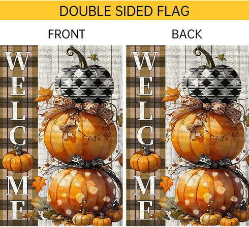Fall Pumpkins Garden Flag 12x18 Inch Polka Dots Small Double Sided For Outside Thanksgiving Burlap Plaid Bowknot Welcome Yard Autumn Decoration...