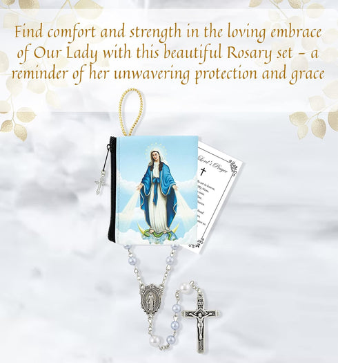 Rosary Miraculous Medal - with White Pearl Miraculous Medal Rosary Beads, Our Lady of Grace Full Color Zippered Pouch, Lord's Prayer Card | Our La...
