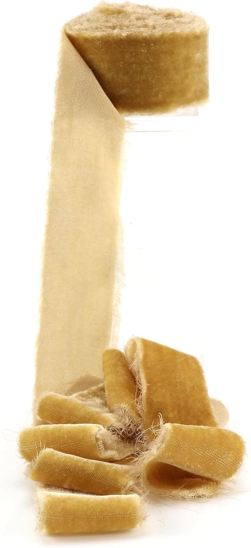 Gold Velvet Ribbon 1.5 Inch Khaki Frayed Silk Velvet Ribbon Rustic Gold Christmas Velvet Ribbon Gift Ribbon Raw Edge Boho Ribbon Wedding Invitatio...