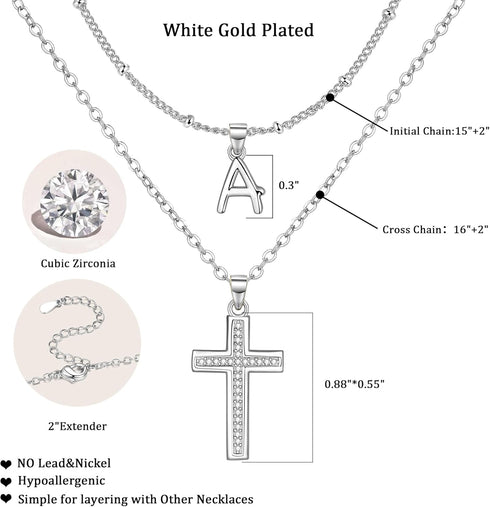 ZENI Dainty Cross Necklaces for Women, White Gold Plated Layered Chain Initial A Pendant Choker Necklace, Cubic Zirconia Cross Christian Faith Jew...