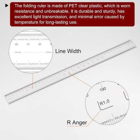 Film Flexible Ruler 40cm 0.1mm Scale with R Angle & Width Lines PET Plastic Folding Straight Ruler Calibration Soft Ruler Measuring Tool for Facto...