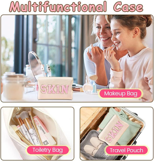 Preppy Patch Makeup Bag, Cosmetic Toiletry Bag for Women, Skin Chenille Letter Skincare Bag, PU Leather Portable Makeup Pouch, Waterproof Daily Us...