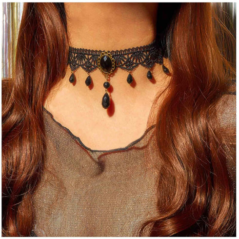 Boho Crystal Lace Choker Necklace Black Teardrop Necklace Choker Gothic Droplet Crystal Collar Necklace Retro Vintage 90s Necklace Chain Jewelry f...