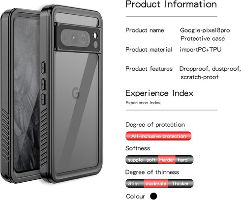 IP68 Waterproof Case for Google Pixel 8 Pro,100% passed The waterproof quality test,360° full-enclosure design,underwater phone case,Black/clear(W...