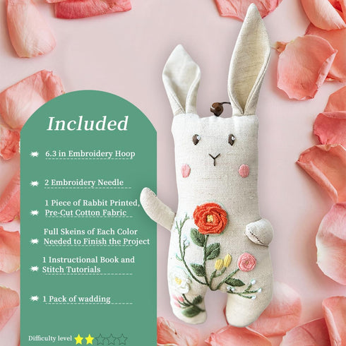 Pre-Stamped Embroidery Patterns Bunny Rabbit, Rose Sewing Full Needles and Thread Hoop Kit for Beginners Teens......