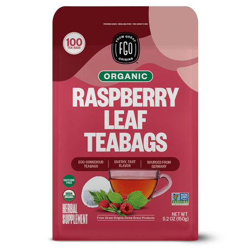FGO Organic Red Raspberry Leaf Tea Bags, 100 Eco-Conscious Tea Bags, Caffeine Free, Imported from Germany, Reseable Bag, Packaging May Vary (Pack ...