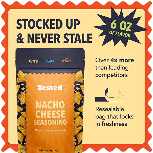 Nacho Cheese Seasoning - XL 6 oz Bag - Zested Mega Cheese Flavor in Every Bite - Gluten-Free and Nut-Free - Goes Great On Snacks, Appetizers, Dips...