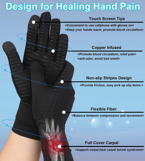 Copper Arthritis Gloves with Touchscreen Tips, Full Finger Compression Gloves for Women and Men, Relief for Hand Pain, Carpal Tunnel, Inflammation...