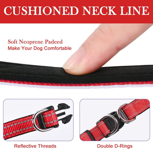 AUAUY Reflective Nylon Dog Collars, Adjustable Classic Pet Collars with Soft Neoprene Padding, Double Security Dual D-Ring and Quick Release Buckl...