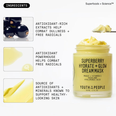 Youth To The People Superberry Glow Dream Mask - Brightening Overnight Face Mask + Hyaluronic Acid Night Moisturizer with Vitamin C & Squalane Oil...