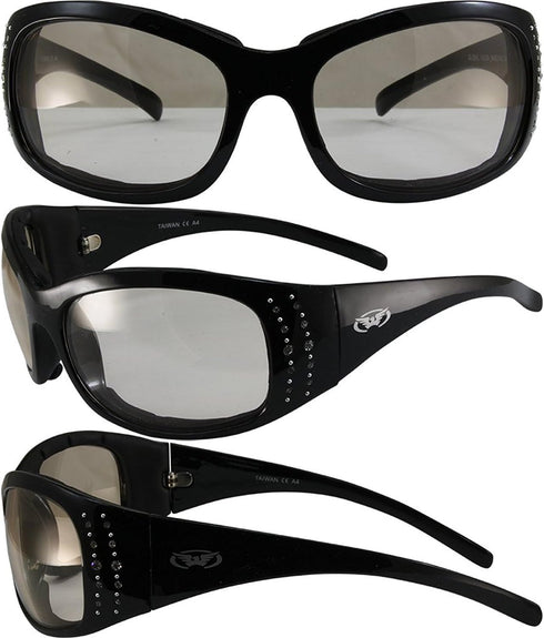 Global Vision Marilyn Motorcycle Sunglasses Bling Rhinestone Black Frames Clear to Smoke Lens...
