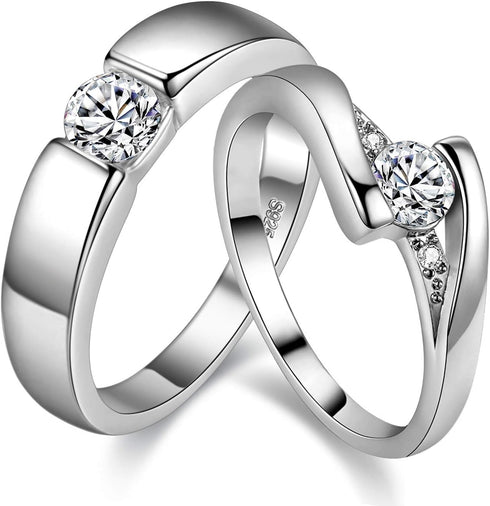 Uloveido 2 pcs His and Hers Matching Engagement Rings Set with Round Cubic Zirconia Platinum Plated Couples Wedding Ring J045...