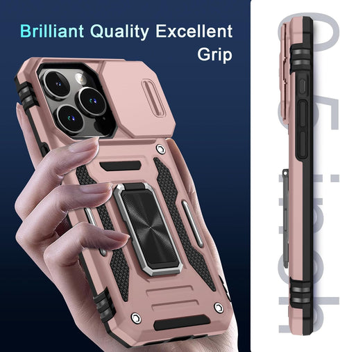 DEERLAMN for iPhone 15 Pro Max Case with Slide Camera Cover+Screen Protector(1 Pack), Rotated Ring Kickstand Military Grade Shockproof Protective ...