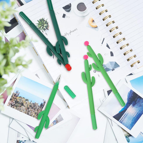 Outus 24 Pieces Cactus Pens Cactus Shaped Roller Pens Kids Green Cactus Pens Saguaro Shaped Pen Black Gel Ink with Flower for Classroom Office Sch...