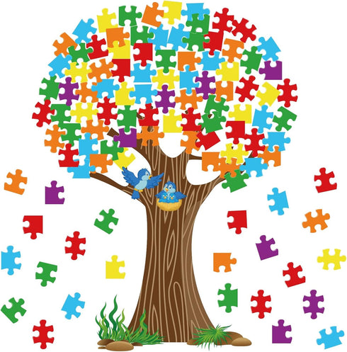 Classroom Tree Bulletin Board Set, Puzzle Pieces Classroom Bulletin Cutouts Tree Wall Decors Supplies for School Elementary Teacher Chalkboard...