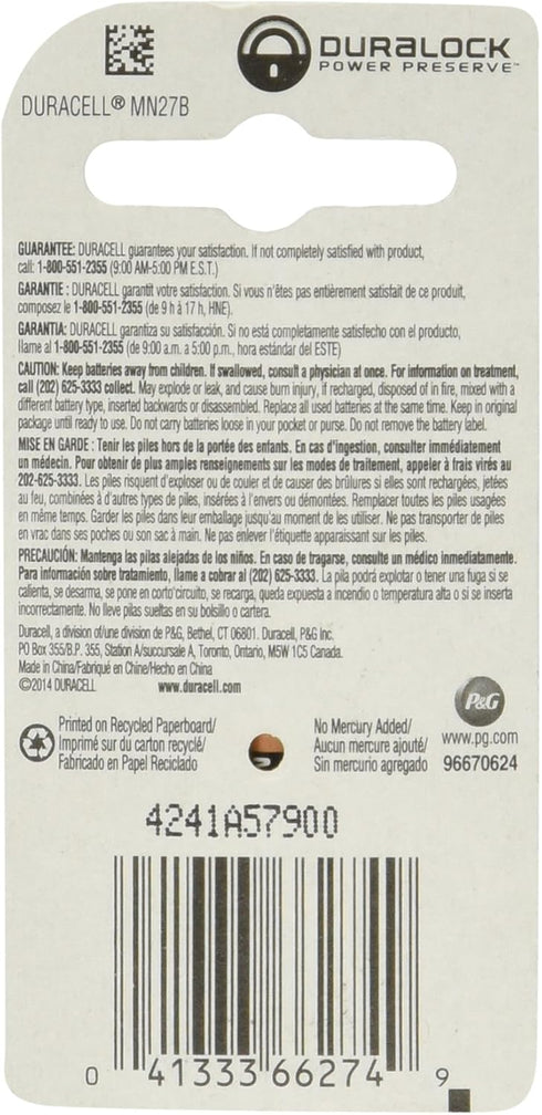 Duracell MN27BPK Watch/Electronic/Keyless Entry Battery, 12 Volt Alkaline X 4 Batteries...