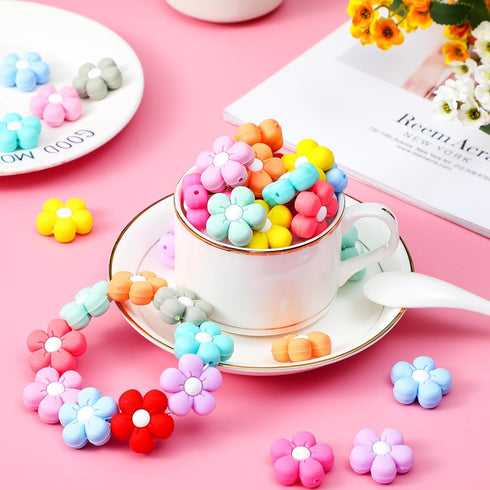 XunYee 44 Pcs Colorful Flower Silicone Beads Cute Flower Beads Flat Spacer Beads for Jewelry Making Bulk Adults DIY Bracelets Necklaces Earrings A...