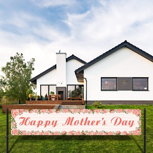 Happy Mother's Day Fence Banner I Love You Mom Pink Floral Holiday Party Photo Booth Backdrop Yard Outdoor Decoration...
