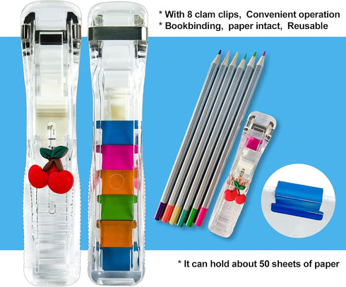 2 Pack Clam Clip Dispenser with 50 Colorful Metal Clip Refills Portable Handheld Paper Fast Clam Clip Dispensers Cherry and White Bear...