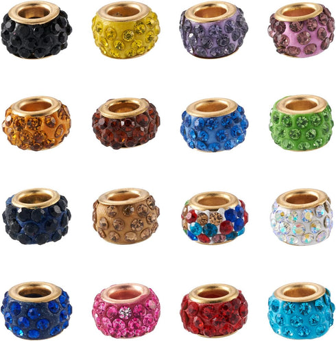 Cheriswelry 100pcs Crystal Rhinestone Pave European Beads Mixed Large Hole Rondelle Slide Charm Bracelet Snake Chain Beads with Golden Metal Core ...