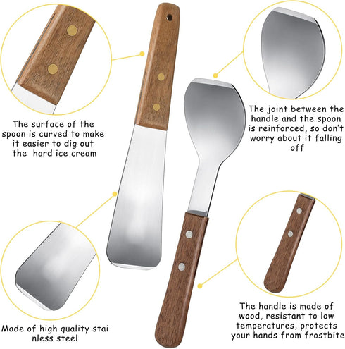 Patelai 2 Pcs Ice Cream Scoop Stainless Steel Ice Cream Shovel with Wooden Handle Dessert Spade Butter Cutter Flat Metal Spade for Dining Kitchen ...