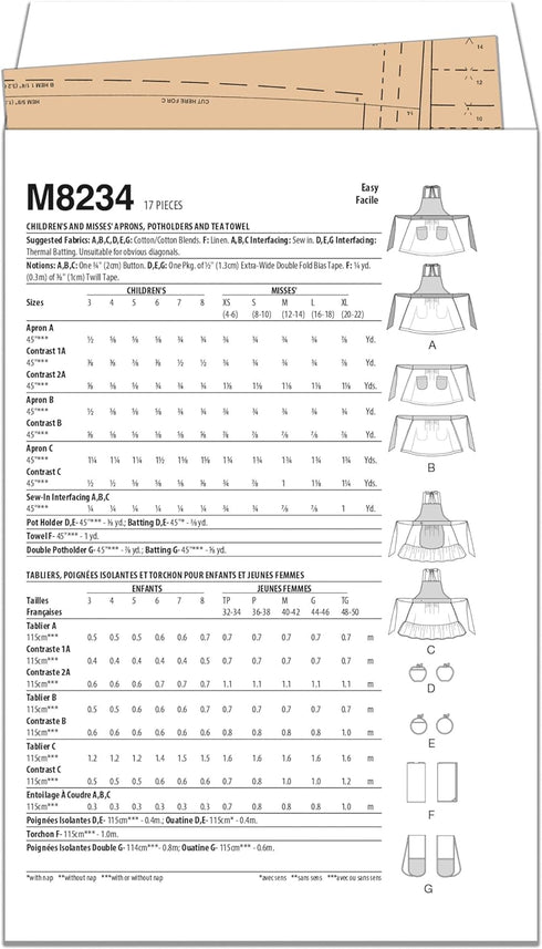 McCall's Potholders, Tea Towel, and Children's and Misses' Aprons Sewing Pattern Packet, Design Code B6905, Sizes 3-8 / XS-XL, Multicolor...