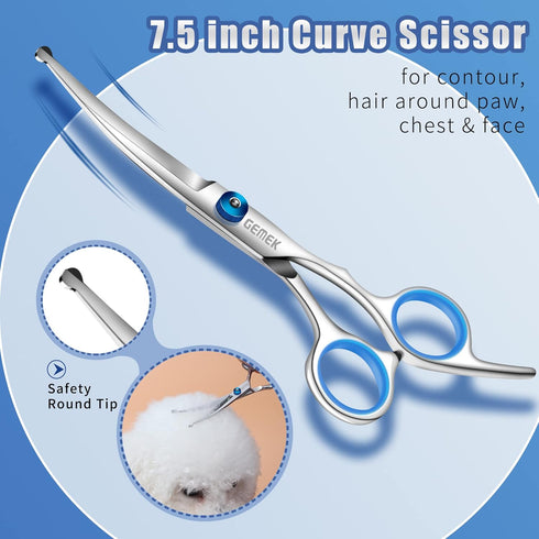 GEMEK Professional Grooming Scissors for Dogs with Safety Round Tips, Dog Grooming Scissors Set - Thinning, Straight, Curved Shears and Comb for L...