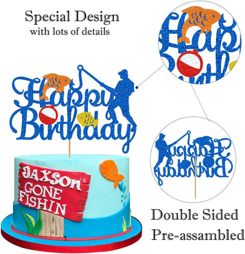 Glorymoment Fishing Cake Toppers Birthday, Glitter Blue Bobber Cake Topper, Fisherman Cake Topper Birthday Fishing Themed Party Cake Decoration Su...
