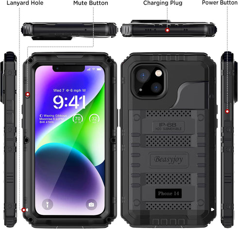 Beasyjoy for iPhone 14 Case Waterproof, Metal Heavy Duty Full Body Protective Case with Built-in Screen Protector, Military Grade Shockproof Dustp...