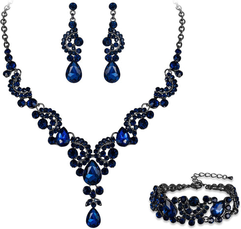 EVER FAITH Rhinestone Crystal Bridal Art Deco Floral Wave Teardrop Necklace Earrings Bracelet Jewelry Set...