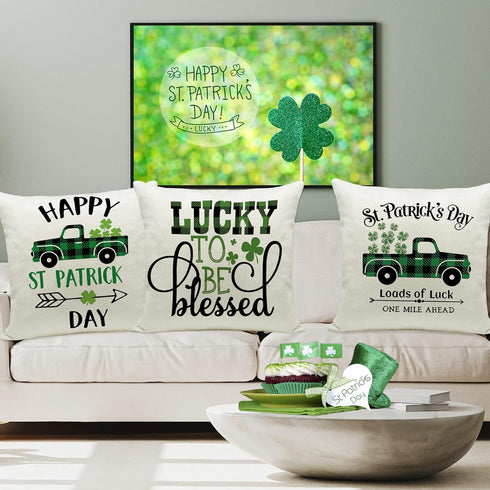 Ueerdand St Patrick's Day Pillow Covers Set of 4 18x18 Inch Shamrock Happy St Patrick's Day Decorations Green Clover Buffalo Plaid Lucky Truck Dec...
