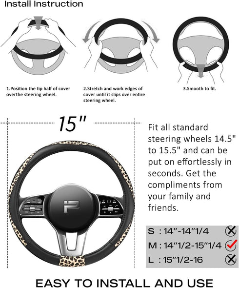 Steering Wheel Cover - Made with PVC Leather and Leopard Fabric - Universal 14 1/2 inches to 15 inches for Most Automotive Steering Wheel (Leopard...