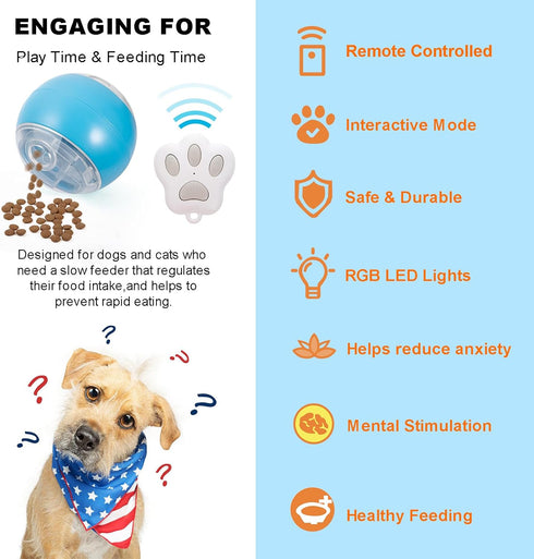 Interactive Dog Toys: Smart Treat Dispenser Ball with Remote Control, Active Rolling, Automatic Moving, USB Rechargeable, RGB Light, for Small, Me...