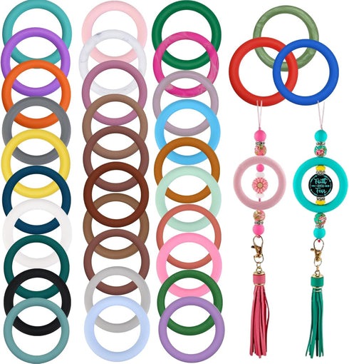 34pcs Silicone Beadable O Rings 65mm Round Silicone Loop with 2 Hole Hollow Silicon Ring Beads to Make Key Chain Beads for Bracelet Necklace Conne...