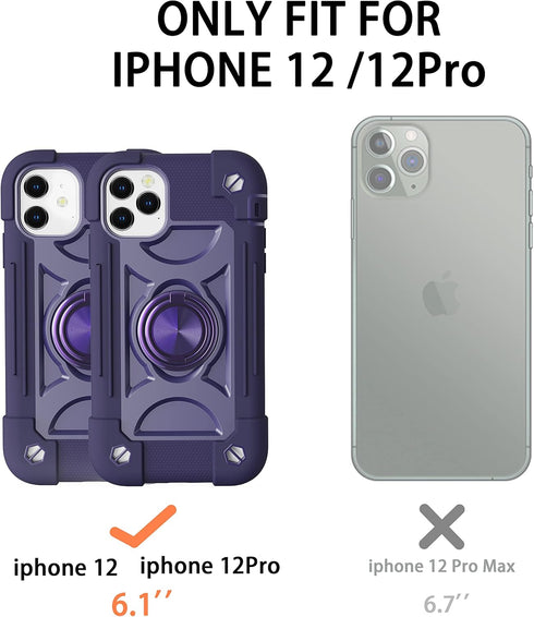 for iPhone 12/iPhone 12 Pro Case 6.1 Inch with Ring Stand, with 2 Pack Glass Screen Protector + 2 Pack Camera Lens Protector,Heavy-Duty Shockproof...
